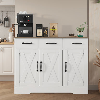 3 Drawers and 3 Doors Sideboard | Wooden Storage Cupboard Cabinet for Kitchen, Living Room, Dining Room, Hallway, White & Black, Contemporary Style, Oyajia Brand