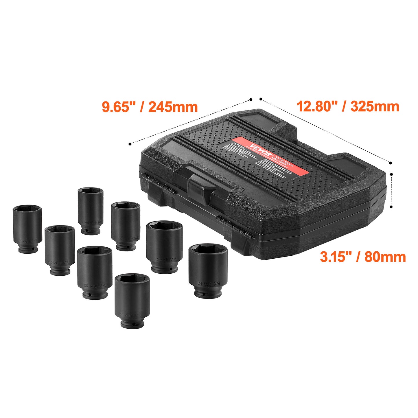 Impact doppen set 1/2" – Wielmoerdoppen – Slagmoerdoppen – Diepe doppen – Rateldoppen – 8-delig met 12-punts ontwerp – Slagvast chroom-molybdeen staal