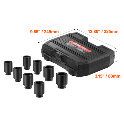 Impact doppen set 1/2" – Wielmoerdoppen – Slagmoerdoppen – Diepe doppen – Rateldoppen – 8-delig met 12-punts ontwerp – Slagvast chroom-molybdeen staal