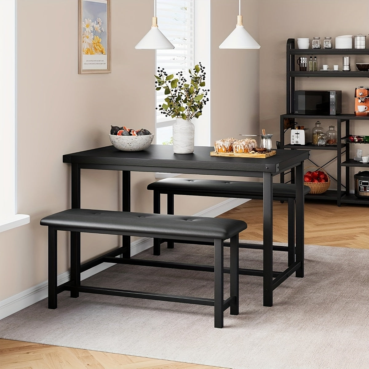Eetkamertafel met 2 Banken – Keukentafel Set – Tafel voor 4 Personen – Bankenset – Rechthoekige Tafel – Vintage Kleur – Comfortabele Geplaatste Banken – Duurzame Constructie