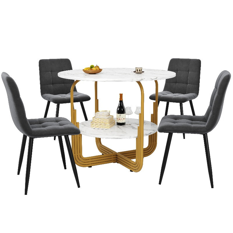 Eettafel Set – Dining Table Set – Tafel En Stoelen – Ronde Eettafel – Tafeltje Met Stoelen – 5-Delig – MDF Marmeren Blad – Gouden Metalen Poten