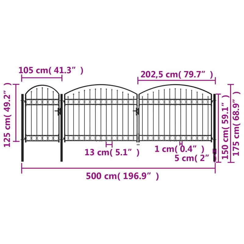Zwarte Metalen Tuinpoort – Tuinhek – Terraspoort – Buitenhek – Sierhek – Gebogen Bovenkant – Duurzaam Staal – 1,75x5 Meter