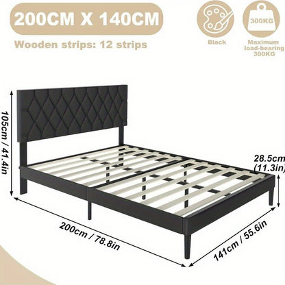 Metaalbed – Stalen Bedframe – Slaapbank – Eenpersoonsbed – Logeerbed – Tufted Kunstleren Hoofdbord – 140x200 cm – Stevig Metalen Frame – Klaar Voor Gebruik