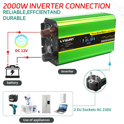 Omvormer 2000W – Stroomomzetter – Spanning Converter – Inverter – Power Inverter – Pure Sinusgolf – 3 UK Stopcontacten – 4 USB-poorten – LCD Display – Afstandsbediening