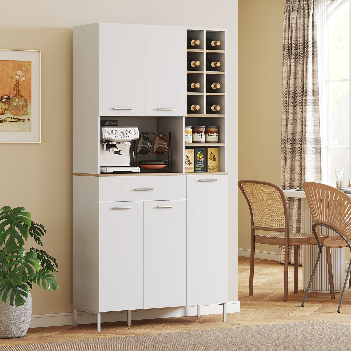 Keukenkast – Keukenmeubel – Opbergkast – Buffetkast – Onderkast – Wit MDF – Met Open Planken en Wijnrek – 5 Deuren