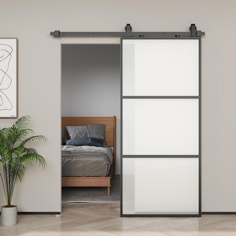 Schuifdeur – Schuifdeursysteem – Binnendeur – Kastenpaneel – Ruimtescheider – Matglas Privacy – Soft-Close Mechanisme – Stalen Zwart Frame – Eenvoudige Montage – Ruimtebesparend Design