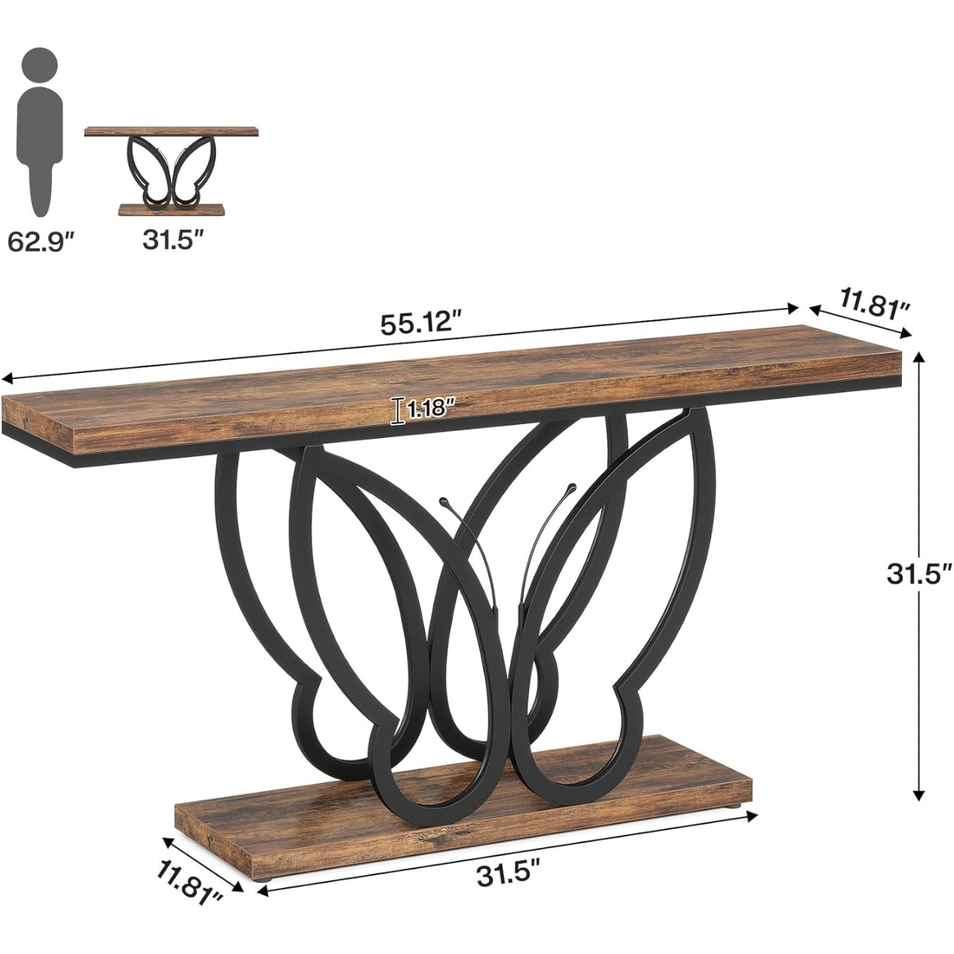 Landelijke Sidetable – Haltafel – Wandtafel – Sofatafel – Console – 140 cm Breed – Met Vlinder Metaalframe – Robuust Hout – Verstelbare Voetjes – Rustic Bruin & Zwart