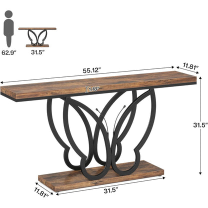 Landelijke Sidetable – Haltafel – Wandtafel – Sofatafel – Console – 140 cm Breed – Met Vlinder Metaalframe – Robuust Hout – Verstelbare Voetjes – Rustic Bruin & Zwart