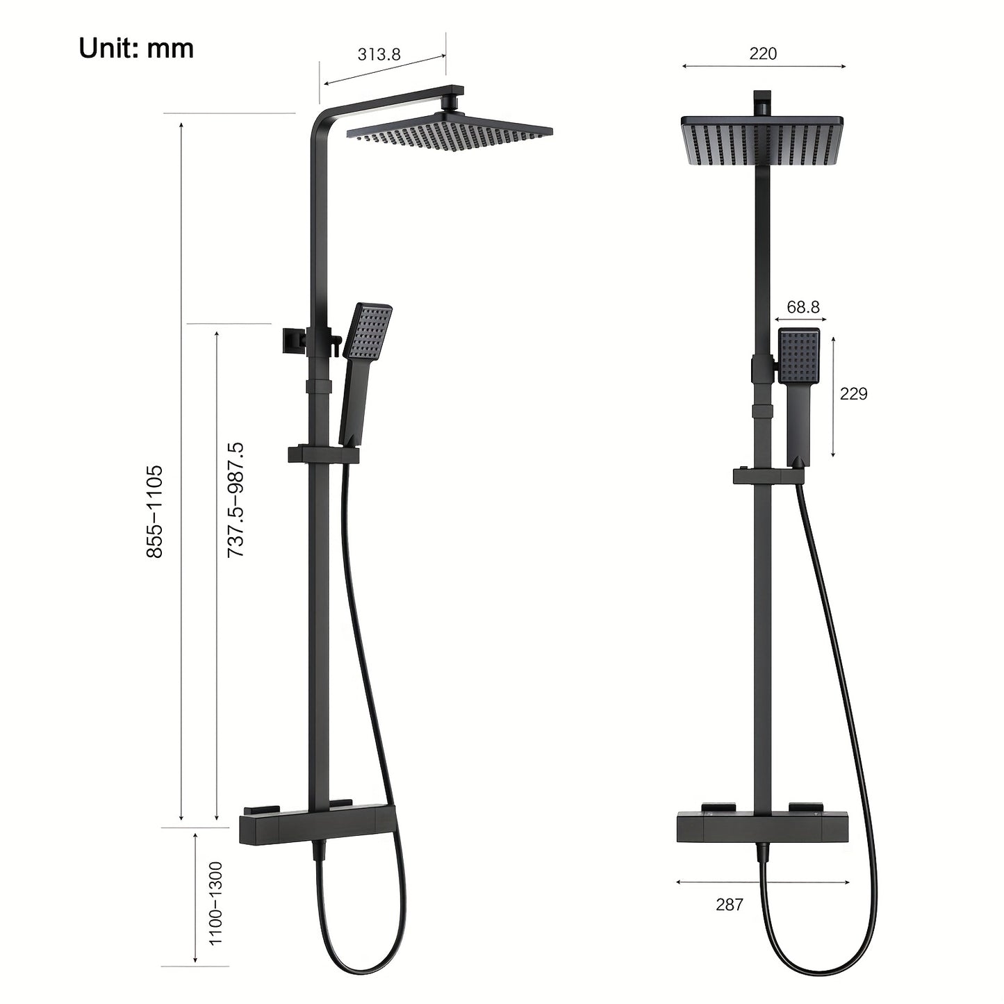 Regendouche – Douchekop – Douche Set – Raindouche – Massage Douche – Zwart Roestvrij Staal – Wandmontage – Roestvrij & Duurzaam