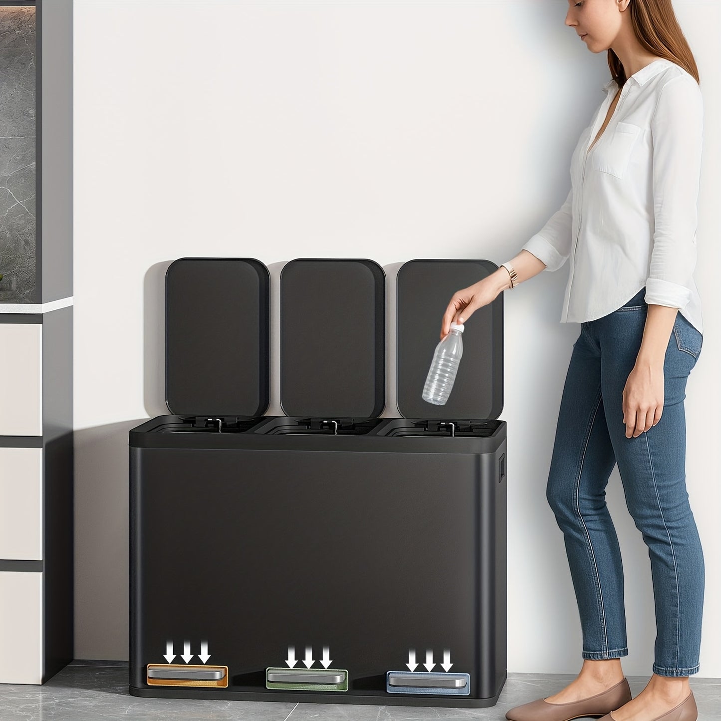 Afvalemmer – Prullenbak – Pedaalemmer – Afvalscheidingsprullenbak – Vuilnisbak – 3 vakken 45 liter – RVS met Softclose en kleurgecodeerde pedalen