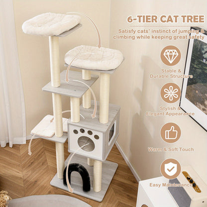 Krabpaal – Kattenboom – Kattenhuis – Krabmeubel – Kattentoren – 2 Pluche Ligplekken – Duurzame Vezelplaat – Compact Design