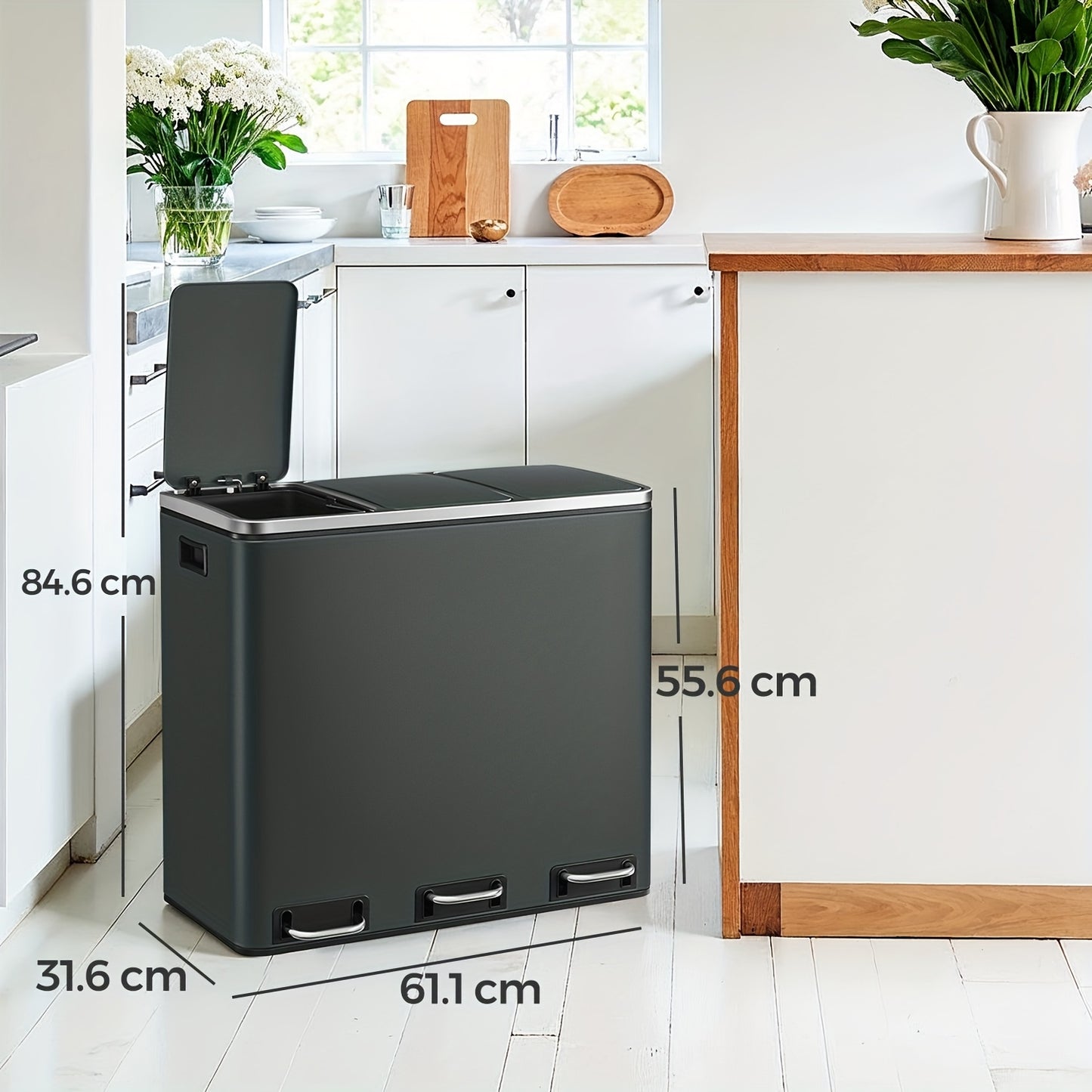 Keuken Prullenbak – Afvalbak – Recyclingbak – Vuilnisbak – Afvalemmer – 3 X 18L Compartimenten – Soft-Close Deksel – Stalen Behuizing – 15 Vuilniszakken Inclusief