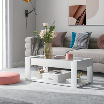 Salontafel – Tafel – Koffietafel – Woonkamertafel – Opbergtafel – Modern Wit Design – Glazen Blad Met Opbergruimte