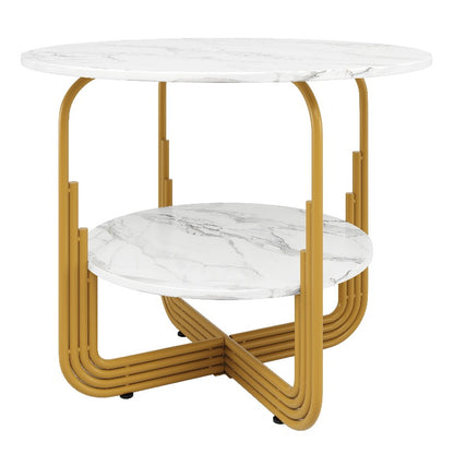 Eettafel Set – Dining Table Set – Tafel En Stoelen – Ronde Eettafel – Tafeltje Met Stoelen – 5-Delig – MDF Marmeren Blad – Gouden Metalen Poten