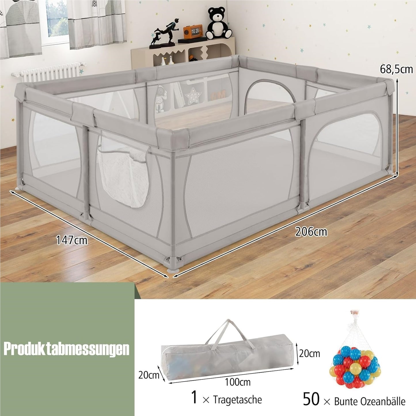 Speelbox – Babybox – Kinderbox – Grondbox – Playpen – Lichtgrijs – Ruim Speeloppervlak 205x147 cm – Inclusief 50 Speelballen & Dubbelzijdige Speelmat