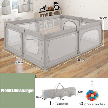 Speelbox – Babybox – Kinderbox – Grondbox – Playpen – Lichtgrijs – Ruim Speeloppervlak 205x147 cm – Inclusief 50 Speelballen & Dubbelzijdige Speelmat