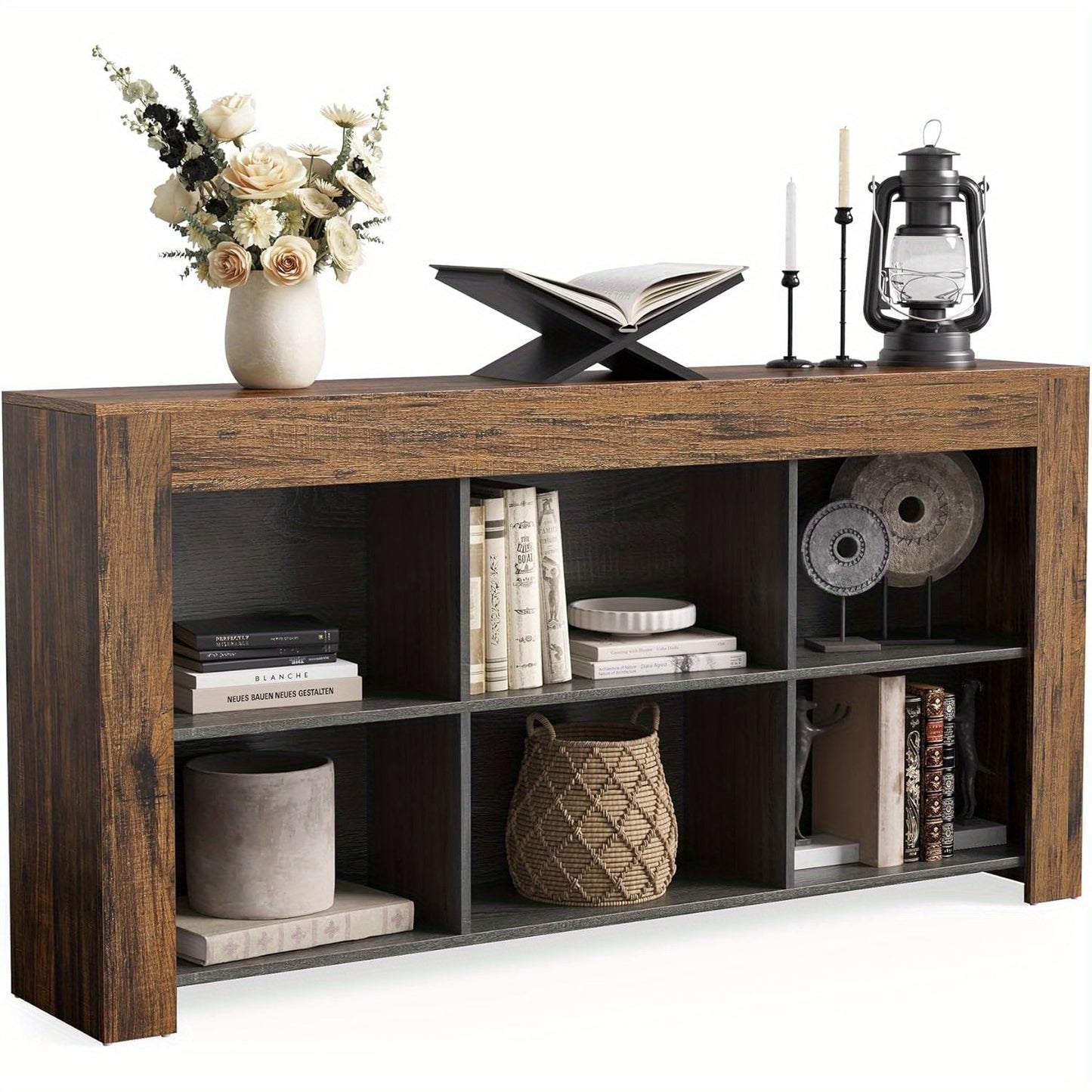 Sofatafel – Console Tafel – Bijzettafel – Sidetable – Wandtafel – 160 cm Lang – Houtvezelplaat & Hardhout – 2-laags Met 6 Opbergvakken – Smal Design Voor Hal Woonkamer