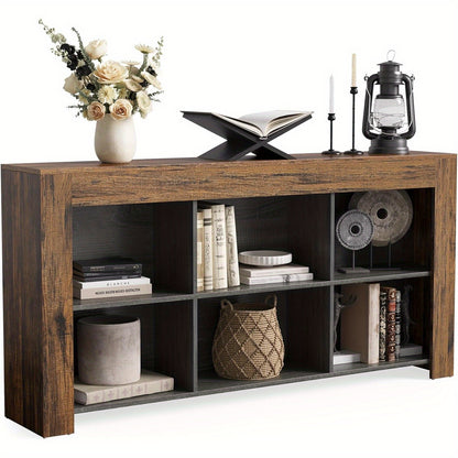 Sofatafel – Console Tafel – Bijzettafel – Sidetable – Wandtafel – 160 cm Lang – Houtvezelplaat & Hardhout – 2-laags Met 6 Opbergvakken – Smal Design Voor Hal Woonkamer