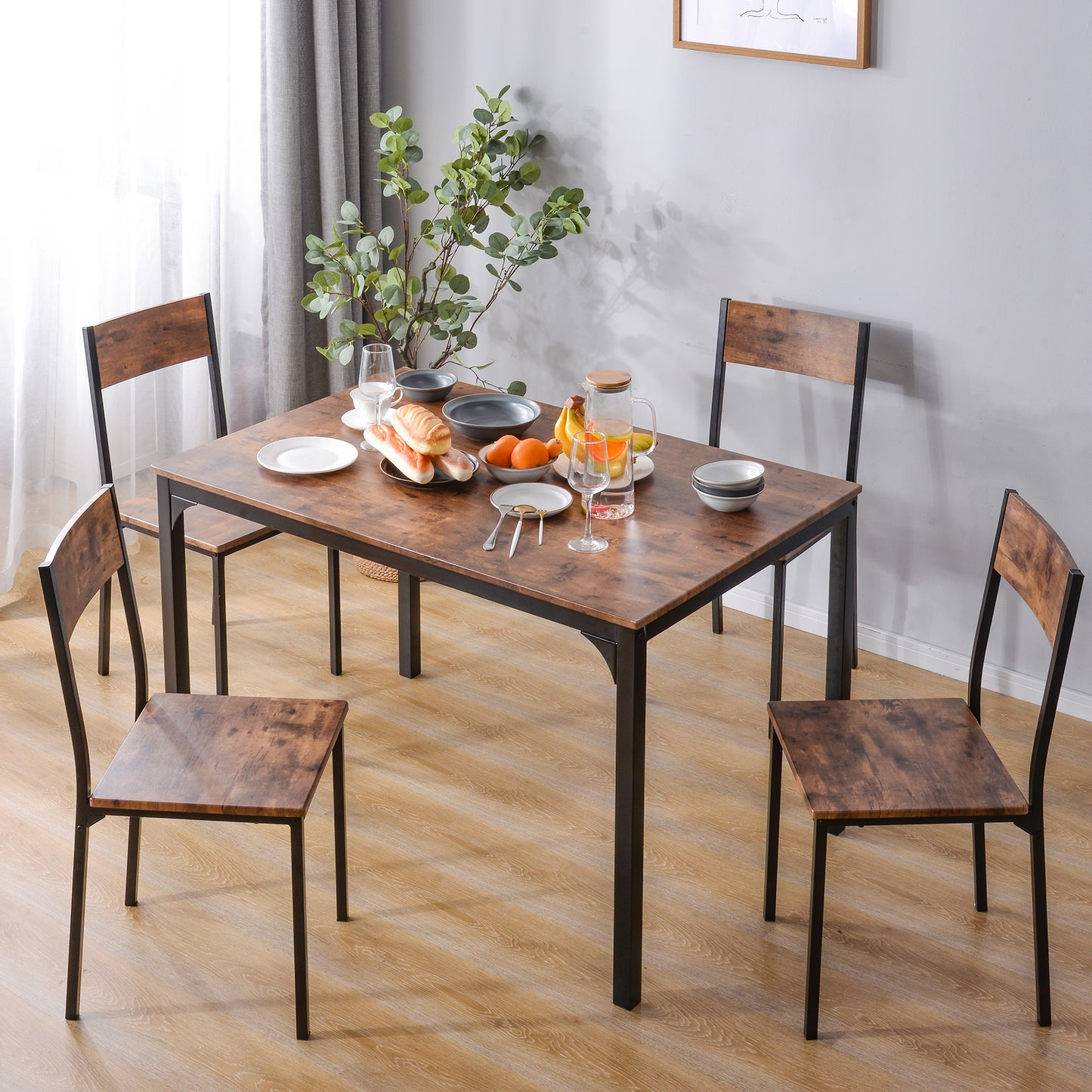 Eettafelset – Eettafel Met Stoelen – Diningset – Keukentafelset – Industrieel Design – Vintage Bruin – Ruimtebesparend Ontwerp – MDF Tafelblad Met Metaal Frame