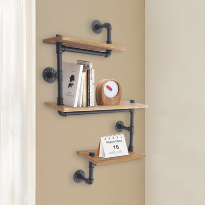 3-laags Wandrek – Muurrek – Plank – Wandplank – Opbergrek – Zwart Bruin Dennehout en Staal – Stevige Constructie en Ruime Opbergruimte