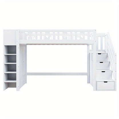Hoogslaper – Stapelbed – Halfhoogslaper – Bedbank – Platformbed – Met Opbergladder en Inklapbare Kast – Veiligheidshekjes Hartvormig – Modern Wit Design