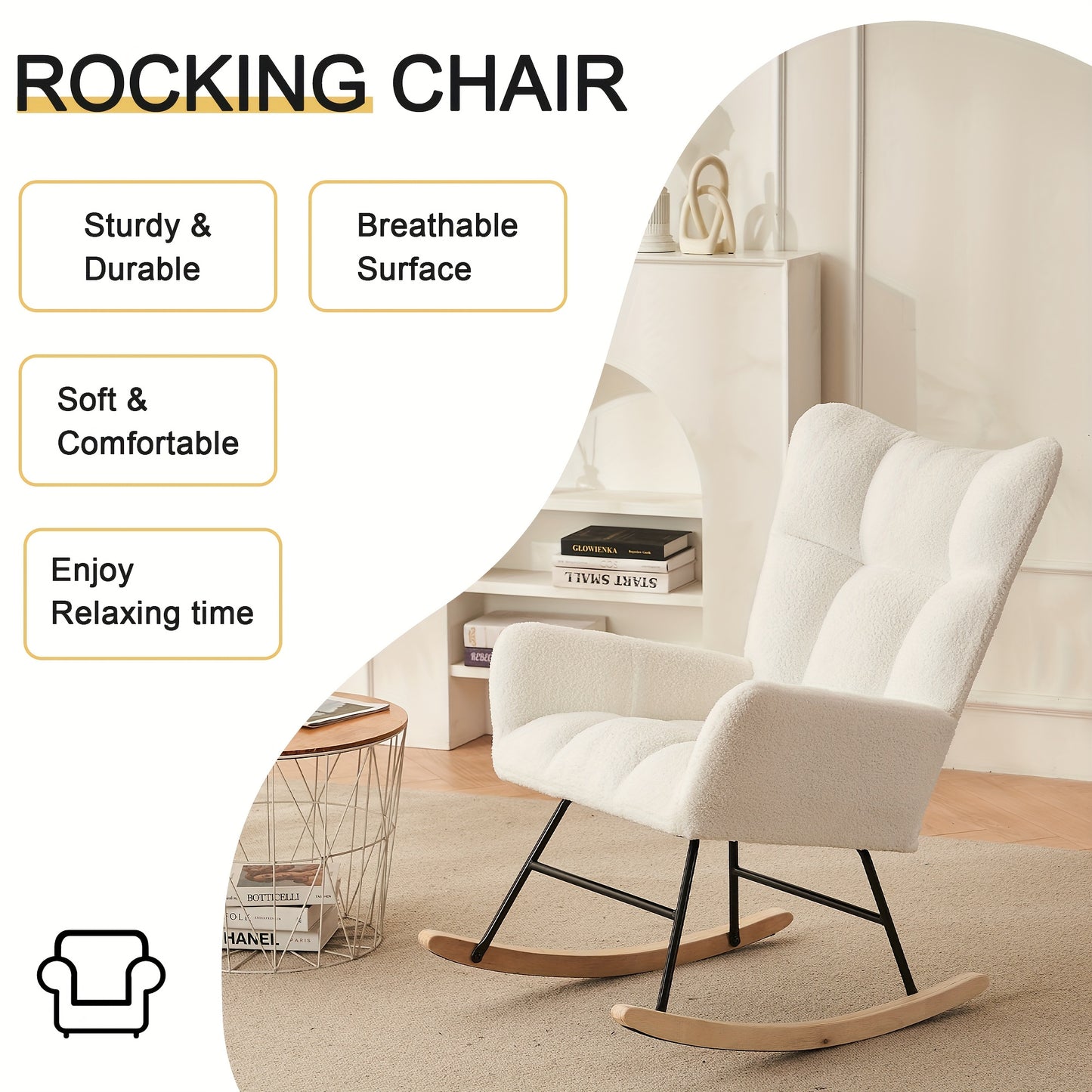Schommelstoel – Schommelstoel Lounge – Schommelstoel Relax – Schommelstoel Speelkamer – Wit – Teddy Stof – Stevige Kunsthouten Poten – Zacht Schommelmechanisme