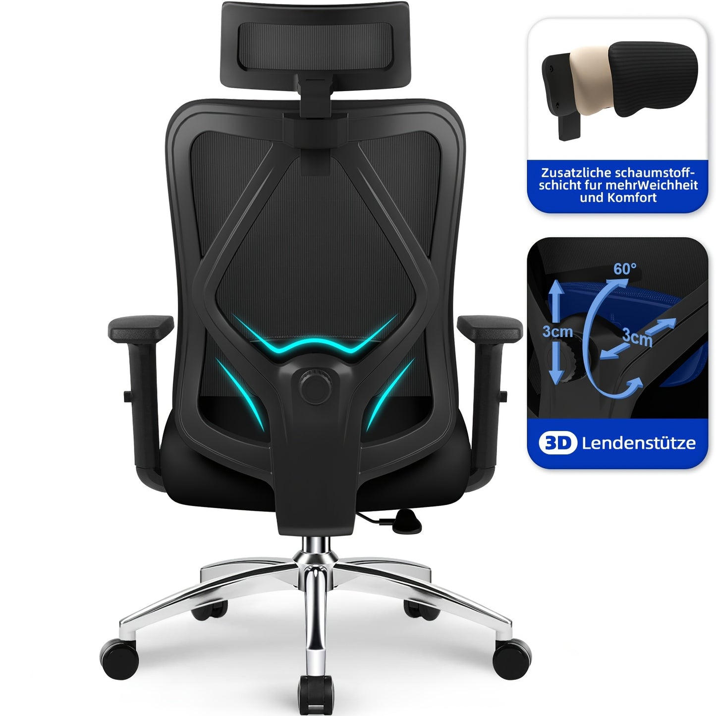 Ergonomische Bureaustoel – Bureaustoel Kantoorstoel Werkstoel Draaistoel – Variant A – Verstelbare Rugleuning 90-135° – 3D Lendensteun Met Memory Foam Zitting