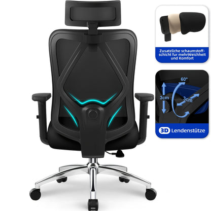 Ergonomische Bureaustoel – Bureaustoel Kantoorstoel Werkstoel Draaistoel – Variant A – Verstelbare Rugleuning 90-135° – 3D Lendensteun Met Memory Foam Zitting