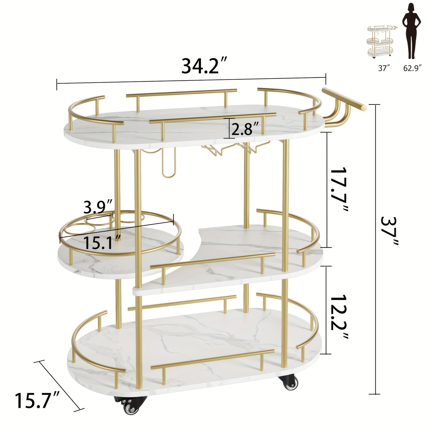 Serveerwagen – Keukentrolley – Barwagen – Roltafel – Opbergwagen – Goud Metalen Frame – 2 Lagen Houten Planken
