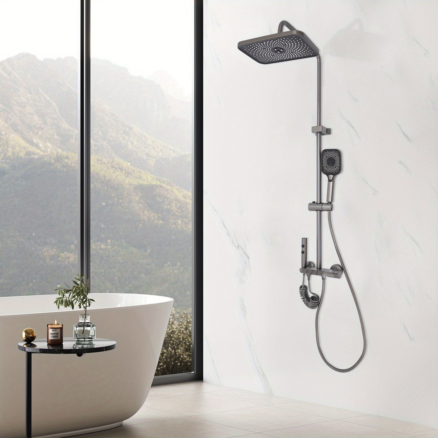 TOOL1SHOOO Modern Wall-Mounted Shower System with 4--1 Spray Functions, Adjustable Temperature Control, & PVD Coated Brass - High-Pressure Rain, Handheld with Pulse/Rain/Mix Modes, Water-Saving Design for Contemporary Bathroo