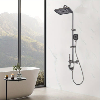 TOOL1SHOOO Modern Wall-Mounted Shower System with 4--1 Spray Functions, Adjustable Temperature Control, & PVD Coated Brass - High-Pressure Rain, Handheld with Pulse/Rain/Mix Modes, Water-Saving Design for Contemporary Bathroo