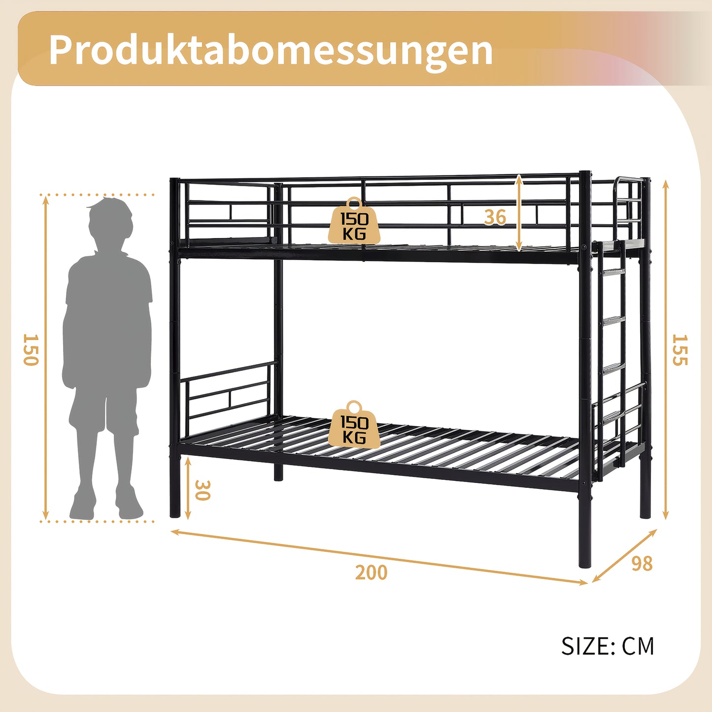 Stapelbed – Hoogslaper – Kinderbed – Tweekoonsbed – Etagenbed – Gedeeld Bed – Met Veiligheidsleuningen – Stevig Metalen Frame – 90x200 cm – Omschakelbaar tot 2 Eenpersoonsbedden