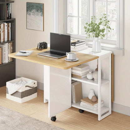 Uitklaptafel – Klaptafel – Inklaptafel – Vouwtafel – Eettafel – Ruimtebesparend – Natuurlijk Hout – 127x80x75 cm – Verstelbare Hoogte – 2-laagse Opbergruimte