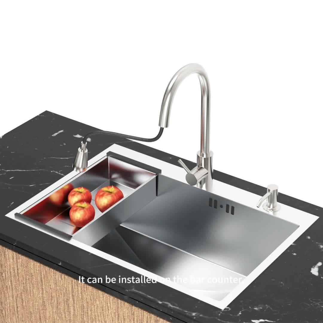 Stainless Steel Sink On A 80x50x22cm Countertop, Handmade Sink With Rotating And Extendable Faucet, Sink With Drain Basket And Soap Dispenser, Kitchen Sink, Bar Sink.