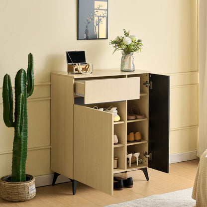 Modern Shoe Cabinet with Double Doors & Single Drawer - Adjustable Shelves, Space-Saving Storage for Hallway, Living Room, Bedroom - Lightweight Metal Construction