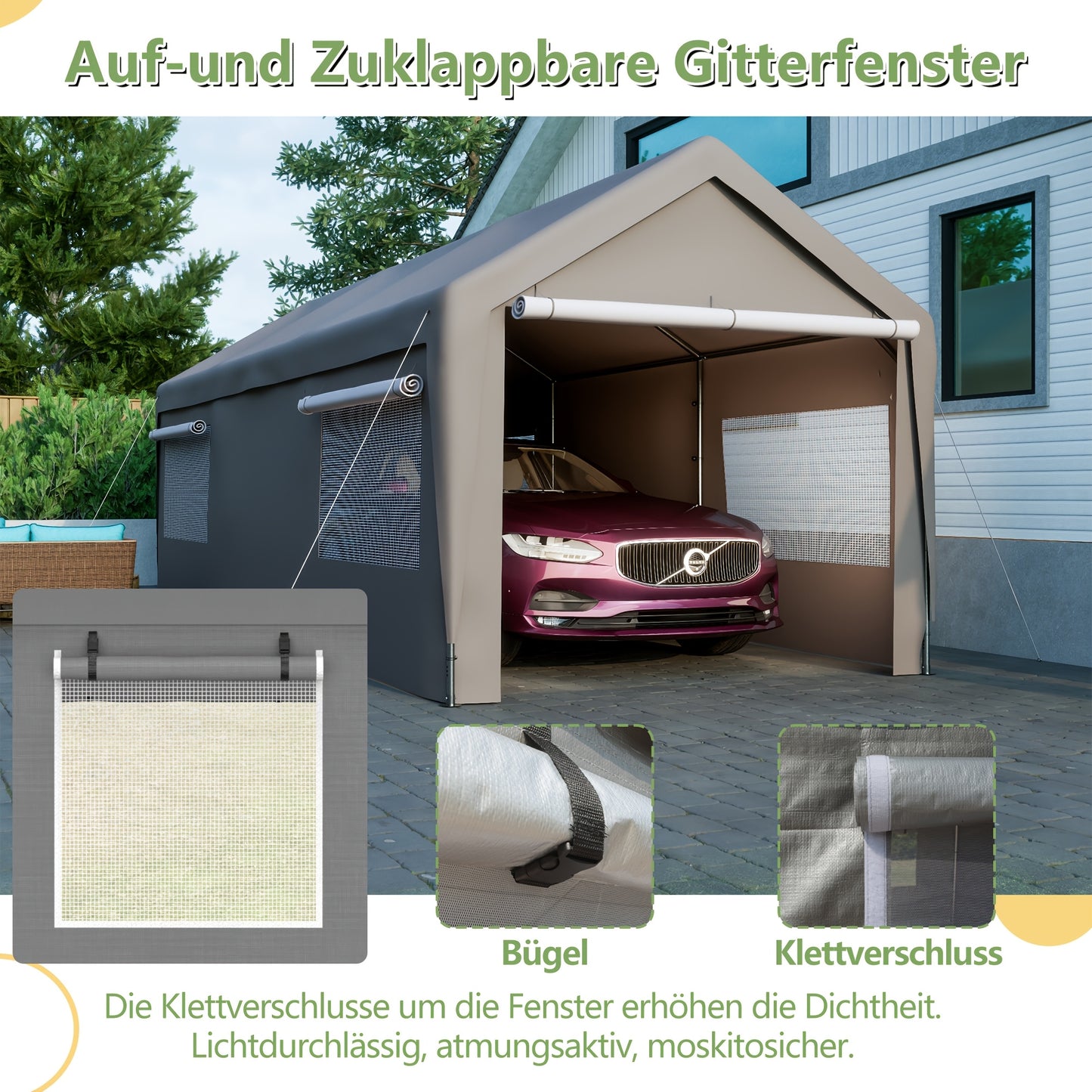 Carport – Overkapping – Garage Tent – Opslagtent – Bescherming – 3x6 Meter – Koudetolerant Materiaal – Oprolbare Ramen