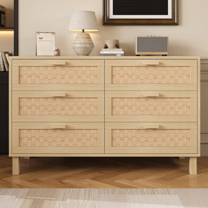 Modern Tall Sideboard Cabinet with Six Drawers - Beige Storage Organizer, Non-Wood Material, Floor-Standing Design for Living Room, Dining Room, Bedroom - Ample Storage Furniture