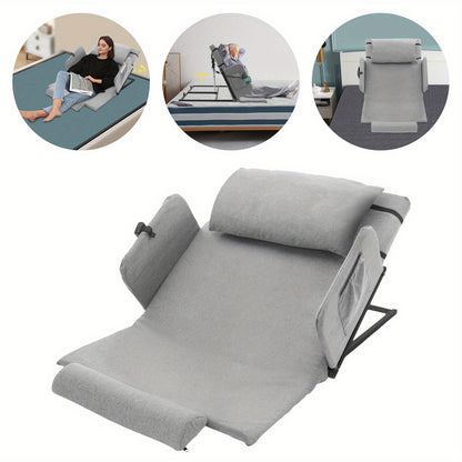 Comfortable Gray Adjustable Bed Backrest with Fixed Armrests, Headrest & Short Pad - -Linen Cushion, for Elderly/ Mobility Support