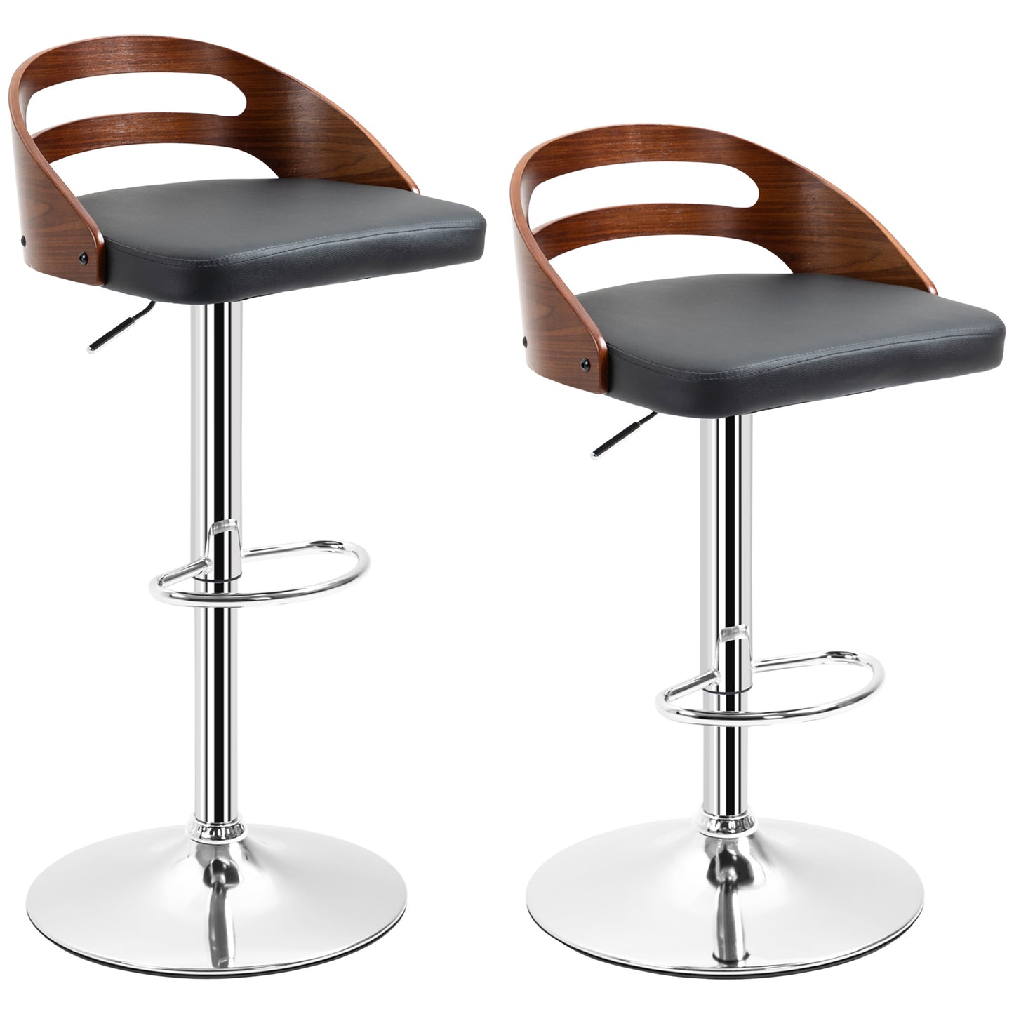Barkrukken – Barstoelen – Krukken – Hoge Stoelen – Set Van 2 – Verstelbare Hoogte – 360° Draaibaar – PU Leder Zitting – Houtlook Rugleuning – Bruin/Zwart/Chroom