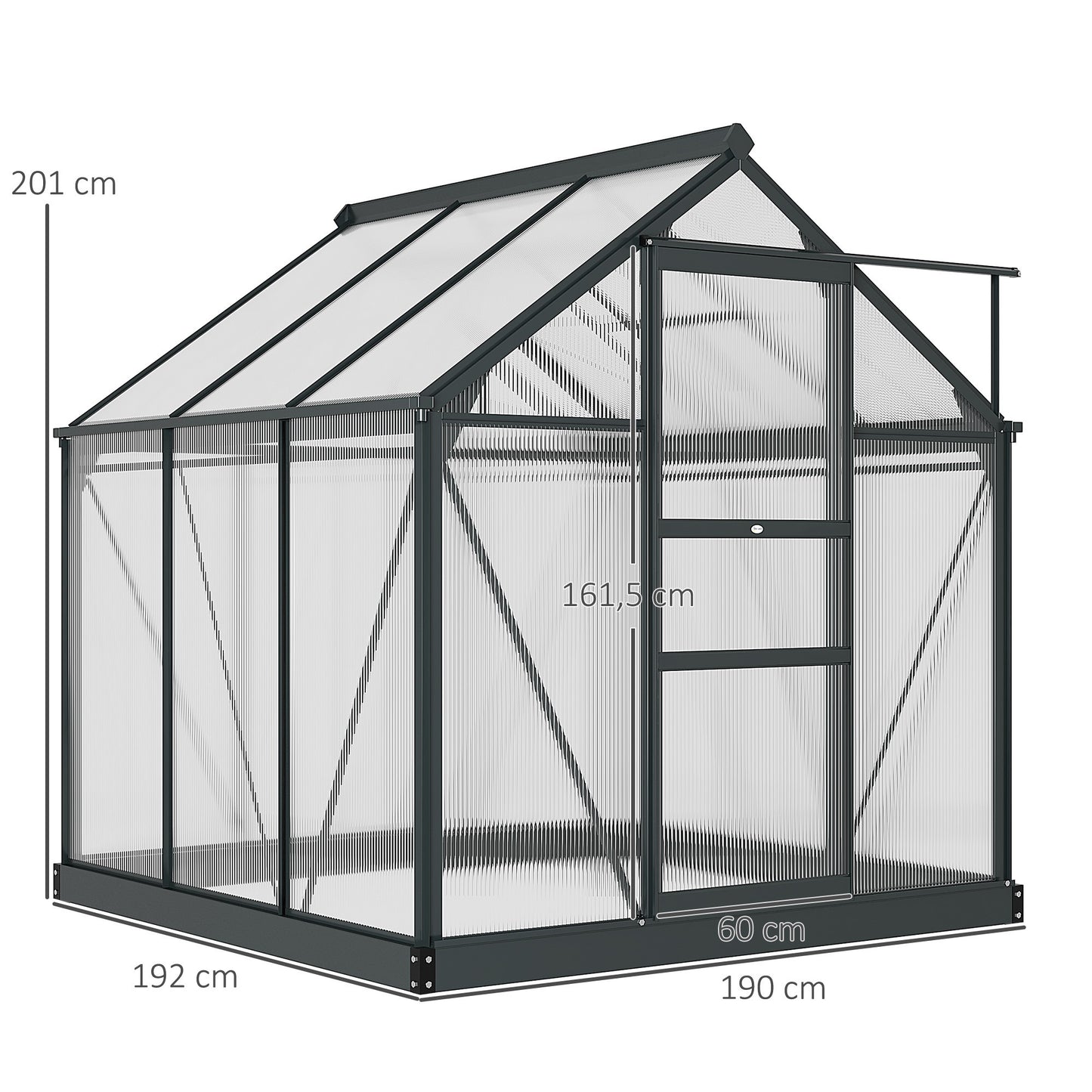 Kweekkas – Tuinkas – Groeikas – Moestuin Kas – Polycarbonaat Kas – Grijs – Aluminium Frame – UV-Bestendig – Inclusief Dakventilatie en Schuifdeur – 190x192x201 cm – Versterkte Stalen Basis
