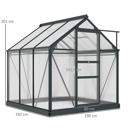 Kweekkas – Tuinkas – Groeikas – Moestuin Kas – Polycarbonaat Kas – Grijs – Aluminium Frame – UV-Bestendig – Inclusief Dakventilatie en Schuifdeur – 190x192x201 cm – Versterkte Stalen Basis