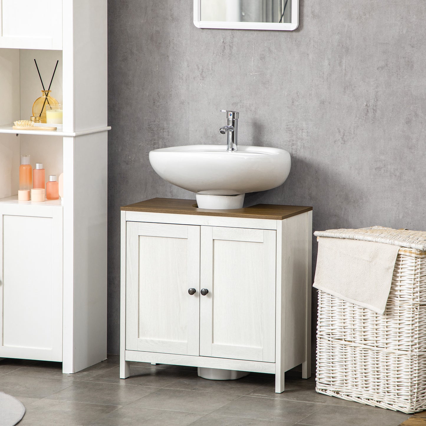 Badkamerkast Onder Wastafel – Onderkast Badmeubel Opbergkast Douchekast – Wit Houtlook – Compact 60x30x60 cm – Verstelbare Plank Stevig MDF