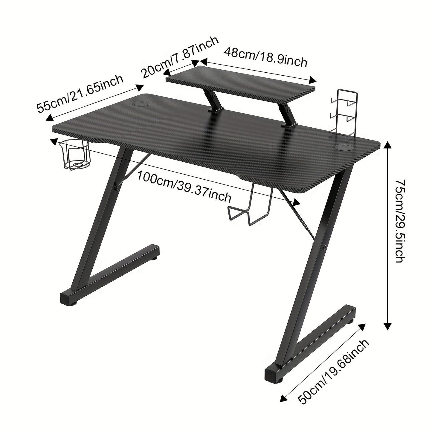 Gamingbureau – Game Bureau – Gaming Desk – Computertafel – Game Tafel – Carbon Fiber Blad – Metalen Frame – 150 kg Draagvermogen – Inclusief Bekerhouder & Headset Haak
