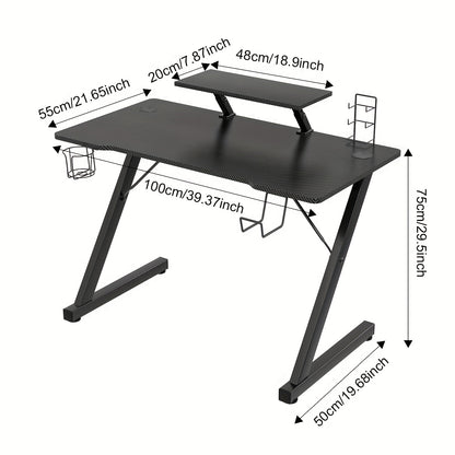 Gamingbureau – Game Bureau – Gaming Desk – Computertafel – Game Tafel – Carbon Fiber Blad – Metalen Frame – 150 kg Draagvermogen – Inclusief Bekerhouder & Headset Haak