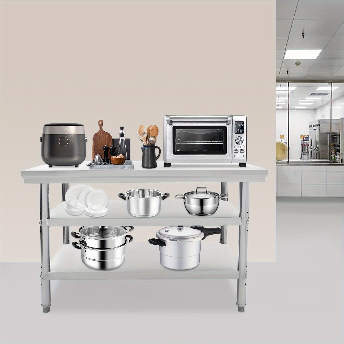 RVS Werkbank – Werktafel – Werkstation – Werkruimte – Werkoppervlak – 3 Lagen – 120x60 cm – Roestvast Staal – Verstelbare Voeten – 100 kg Draagvermogen