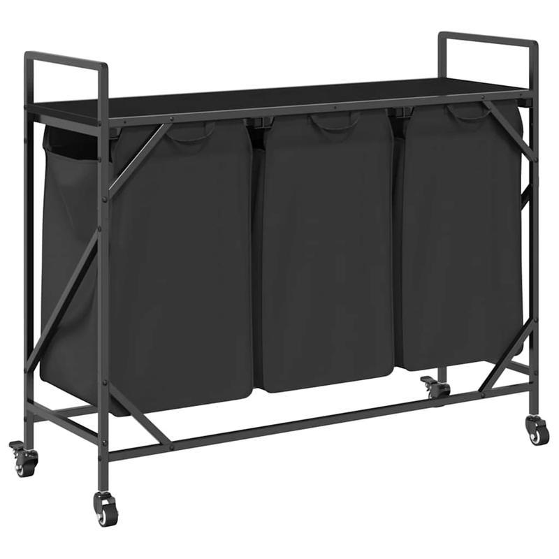 3-Vaks Wasmand – Wasmand Met Wieltjes – Wasbak – Beddengoedmand – Wascontainer – Matzwart – Stevig Metalen Frame – Mobiel En Compact