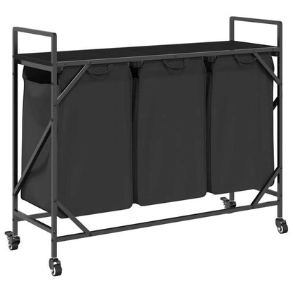 3-Vaks Wasmand – Wasmand Met Wieltjes – Wasbak – Beddengoedmand – Wascontainer – Matzwart – Stevig Metalen Frame – Mobiel En Compact