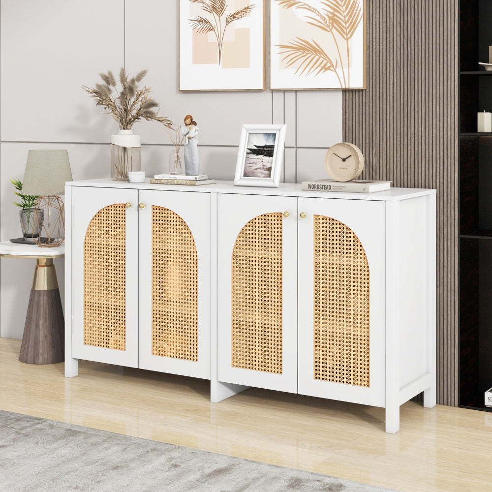 Modern Minimalist Sideboard Cabinet - White & Metallic Accents, Non-Wood Freestanding Storage with 4 Rattan Doors, Spacious 3.2+ Cu Ft Capacity for Living Room, Dining Room, Kitchen - Easy Assembly Required, Home Organization