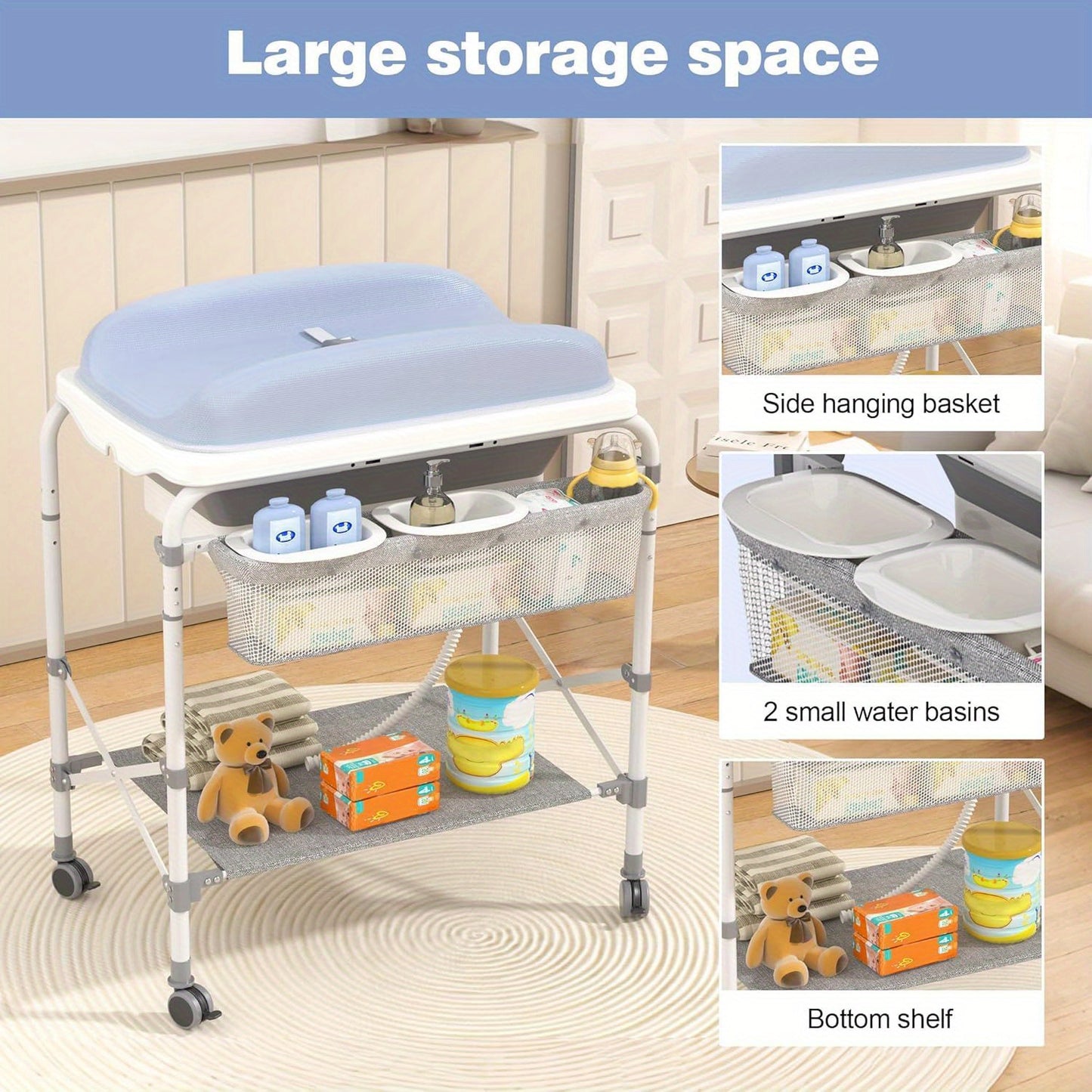 Commode – Ladekast – Opbergkast – Babykamermeubel – Verschoontafel – 4-in-1 Babyverschoontafel Met Inklapbaar Badje – Duurzaam Metaal & Oxford Stof – Max. Draagkracht 50 Kg