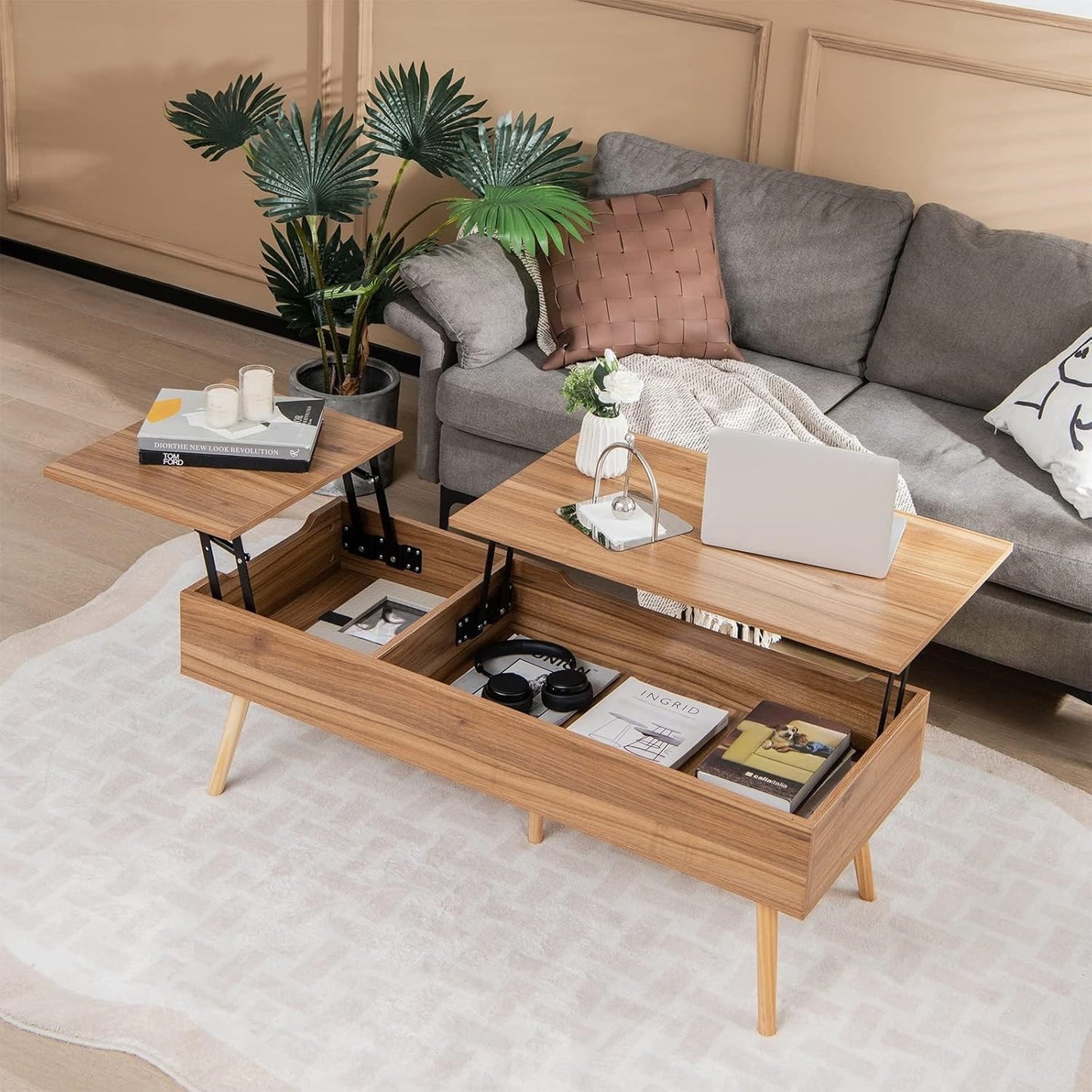 Salontafel – Koffietafel – Woonkamertafel – Bijzettafel – Opbergtafel – Verstelbare Hoogte Met Hefmechaniek – 119 cm Breed Met 2 Verborgen Opbergvakken
